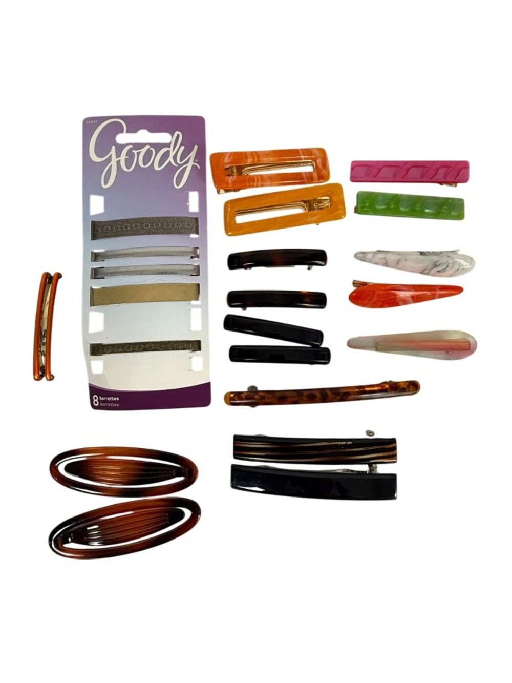Lot Assorted Barrettes Hair Clips 22 Pieces Multicolor Plastic & Metal Goody